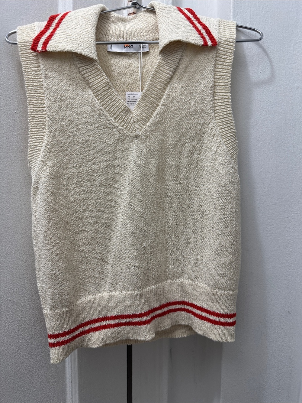 Mango Cream V-Neck Knit Sweater Vest with Red Stripe Detail